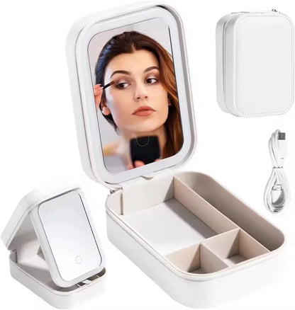 Rechargeable LED Makeup Mirror, Portable Travel Cosmetic Storage Box, Travel Makeup Case with 3-Color Adjustable Light Mirror.-World Bazaar Life