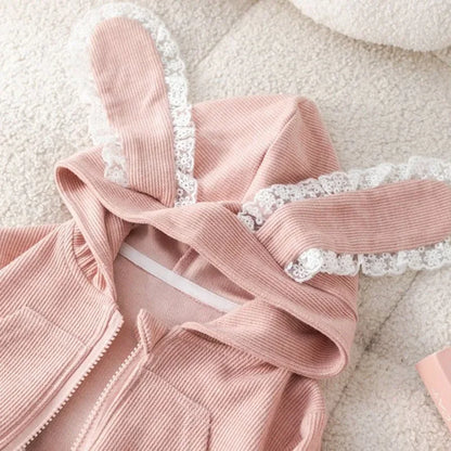 Girls Kids Clothing Suits Autumn New Girl Baby Sportswear Long Ears Lace Overcoats Pants Outfits Fashion Cute Children Coat Sets-World Bazaar Life