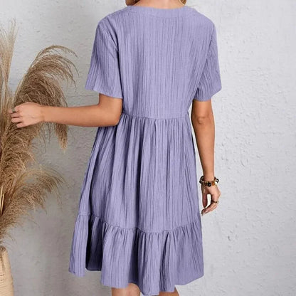 Women Summer Peplum Dresses Spring V-Neck Short Sleeve Loose Waist Ruffle Fit Flare Vocation Dresses-World Bazaar Life