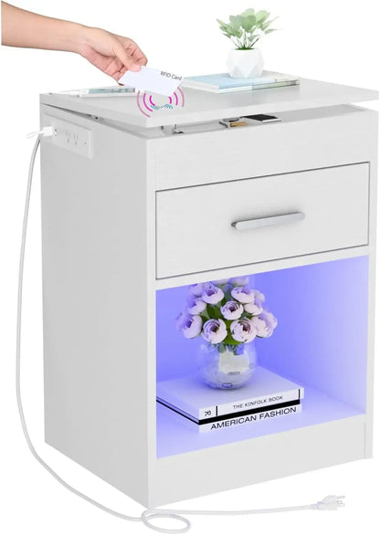 LED Nightstand with Charging Station & RFID Lock Cabinet