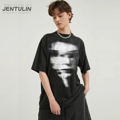 Hip Hop 2024 Summer Washed Black T-Shirt Streetwear Graphic Blurry Face T Shirt Cotton Unisex Men's Tshirt Tops Y2k Tees Hipster