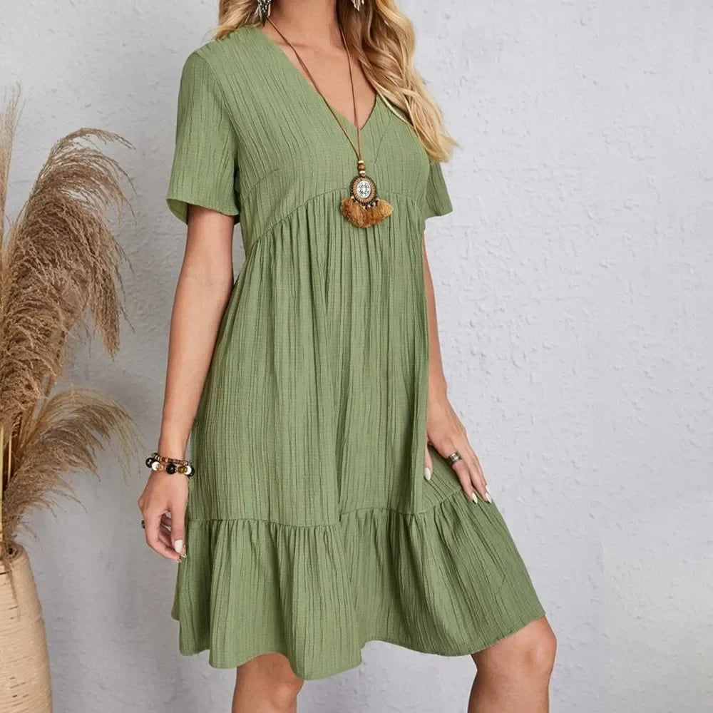 Women Summer Peplum Dresses Spring V-Neck Short Sleeve Loose Waist Ruffle Fit Flare Vocation Dresses-World Bazaar Life