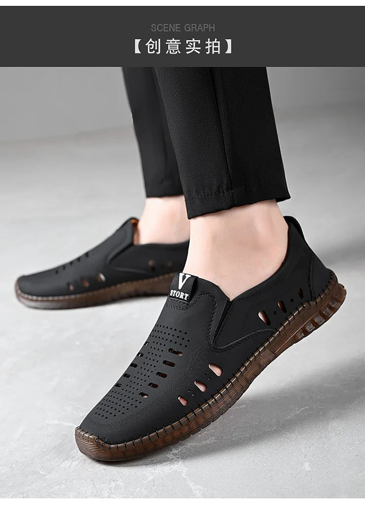 Leather Men's Shoes Thick Soles Breathable Hollow Out Casual Shoes Outdoor Men's Sports Shoes Loafers Shoes Slip On - World Bazaar Life
