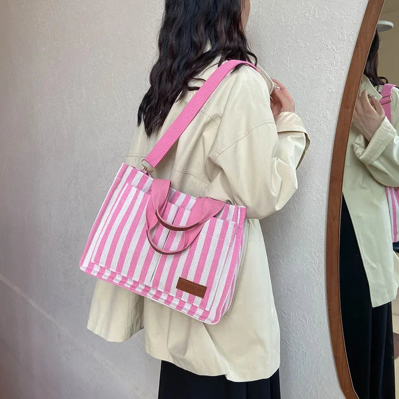 Hot Sale Of The Season New Commuter Large Capacity Trendy Striped Canvas Casual Fashionable Women's Tote Crossbody Bag Soft Nylo-World Bazaar Life