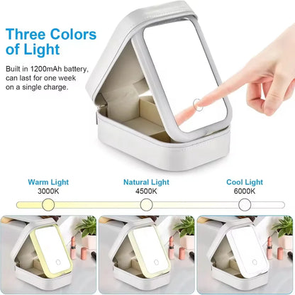 Rechargeable LED Makeup Mirror, Portable Travel Cosmetic Storage Box, Travel Makeup Case with 3-Color Adjustable Light Mirror.-World Bazaar Life