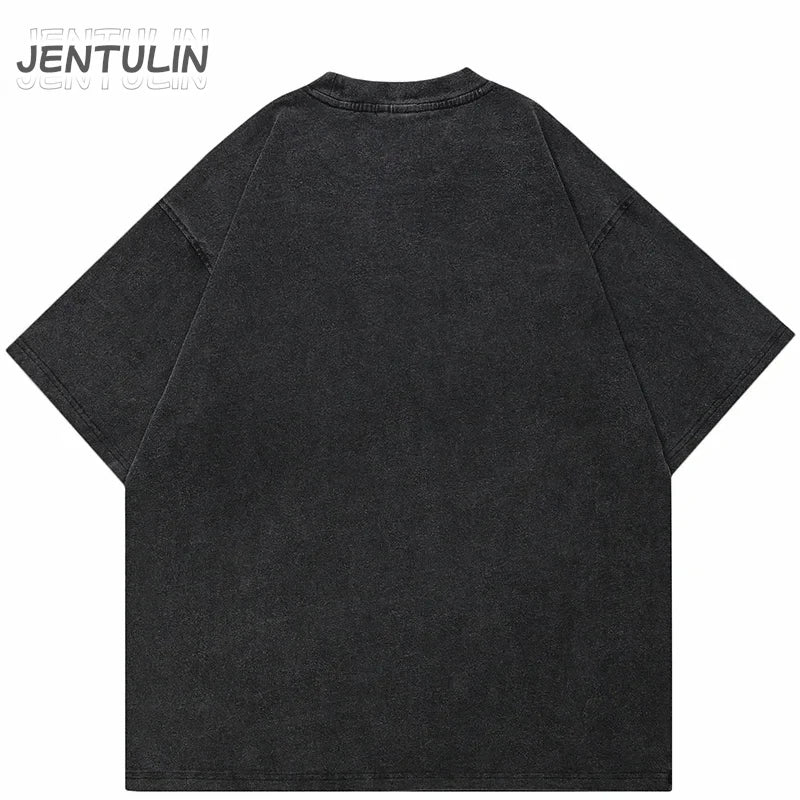 Hip Hop 2024 Summer Washed Black T-Shirt Streetwear Graphic Blurry Face T Shirt Cotton Unisex Men's Tshirt Tops Y2k Tees Hipster