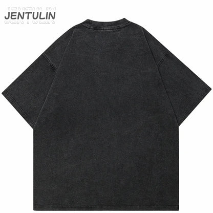 Hip Hop 2024 Summer Washed Black T-Shirt Streetwear Graphic Blurry Face T Shirt Cotton Unisex Men's Tshirt Tops Y2k Tees Hipster