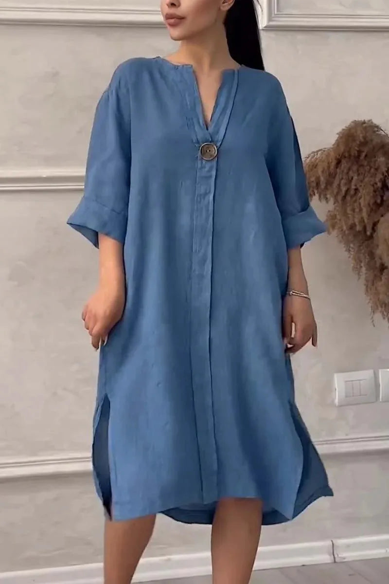 2024 Summer Elegant Cotton Hemp V-Neck Dress – Casual Mid-Length Style