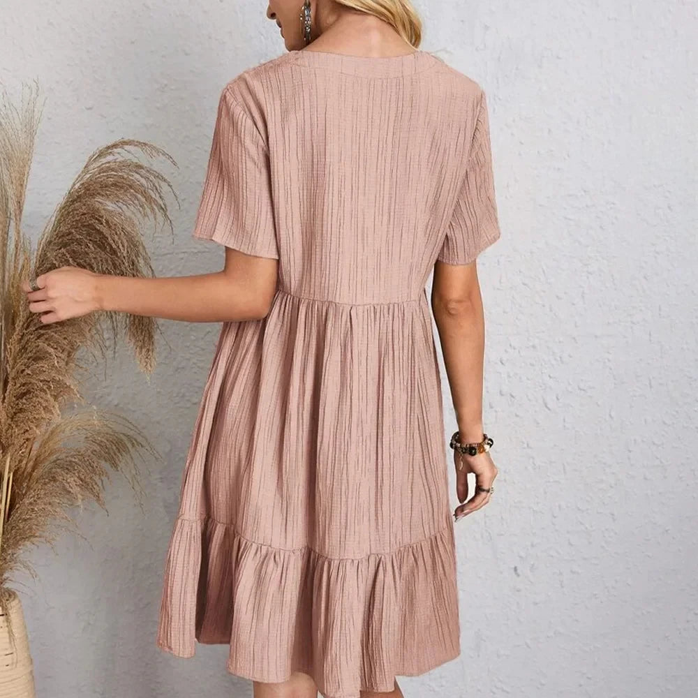 Women Summer Peplum Dresses Spring V-Neck Short Sleeve Loose Waist Ruffle Fit Flare Vocation Dresses-World Bazaar Life