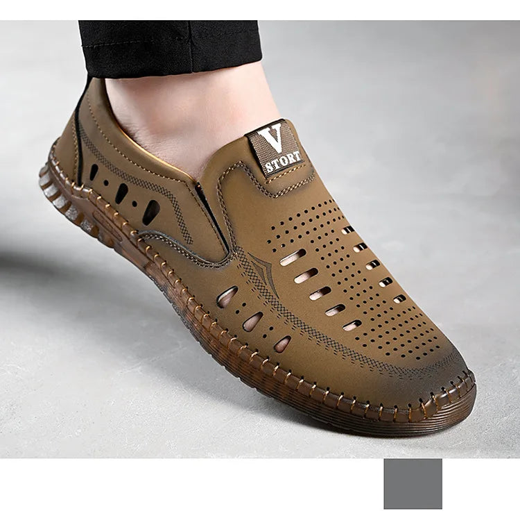 Leather Men's Shoes Thick Soles Breathable Hollow Out Casual Shoes Outdoor Men's Sports Shoes Loafers Shoes Slip On - World Bazaar Life