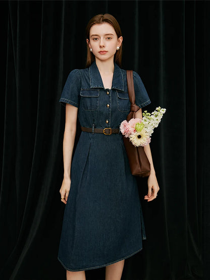 FSLE French Temperament Elegant Retro Denim Dress For Women 2024 Summer New Design High Waist Versatile Long Dress  24FS12236-World Bazaar Life