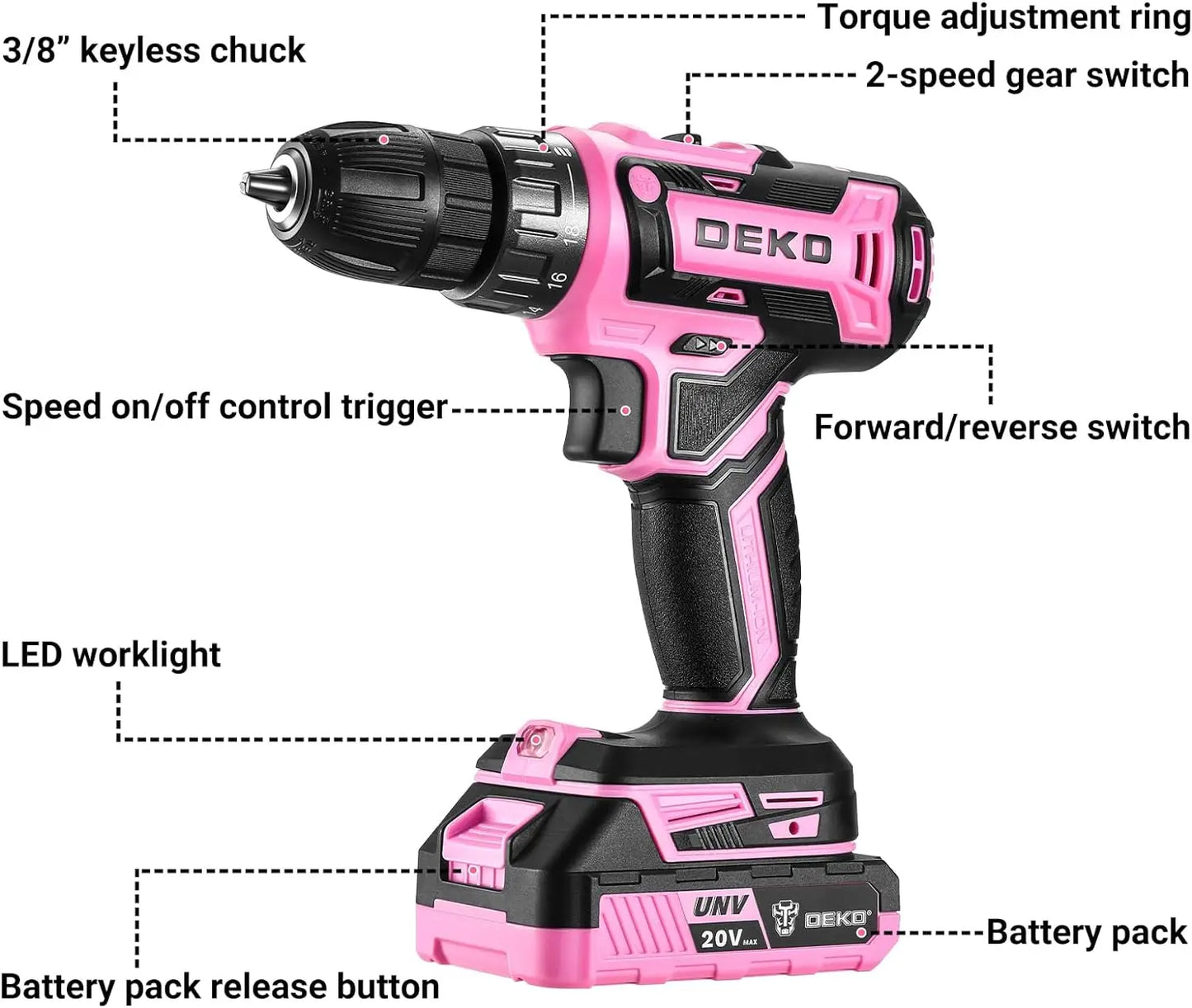 DEKO 20V Pink Cordless Power Drill Set for Women Electric Tool - World Bazaar Life