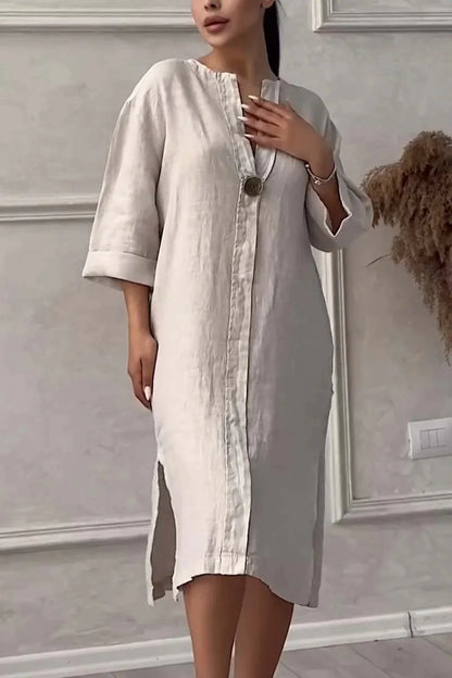 2024 Summer Elegant Cotton Hemp V-Neck Dress – Casual Mid-Length Style