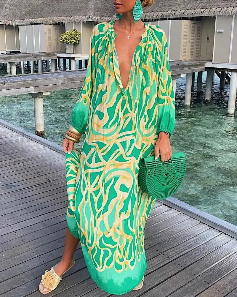 Women Sexy Deep V-Neck Maxi Dresses Autumn Bohemian Lantern Sleeve Printe Long Dress Female Vintage Holiday Beach Cover Up Robe-World Bazaar Life