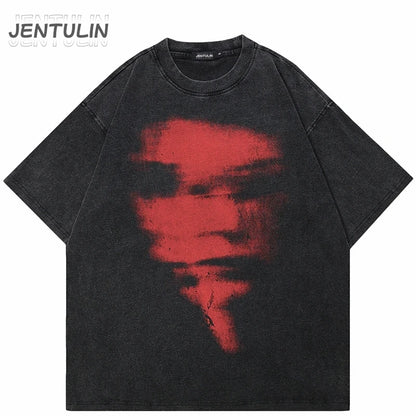 Hip Hop 2024 Summer Washed Black T-Shirt Streetwear Graphic Blurry Face T Shirt Cotton Unisex Men's Tshirt Tops Y2k Tees Hipster
