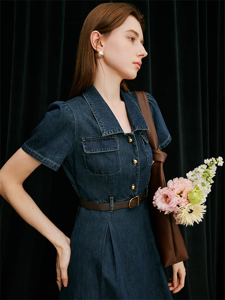 FSLE French Temperament Elegant Retro Denim Dress For Women 2024 Summer New Design High Waist Versatile Long Dress  24FS12236-World Bazaar Life