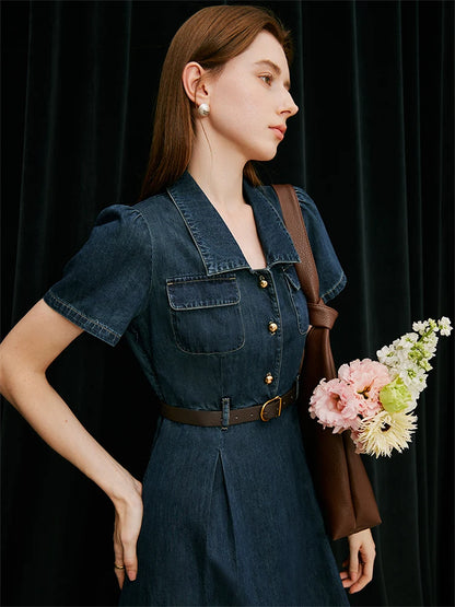 FSLE French Temperament Elegant Retro Denim Dress For Women 2024 Summer New Design High Waist Versatile Long Dress  24FS12236-World Bazaar Life