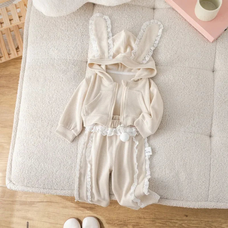 Girls Kids Clothing Suits Autumn New Girl Baby Sportswear Long Ears Lace Overcoats Pants Outfits Fashion Cute Children Coat Sets-World Bazaar Life