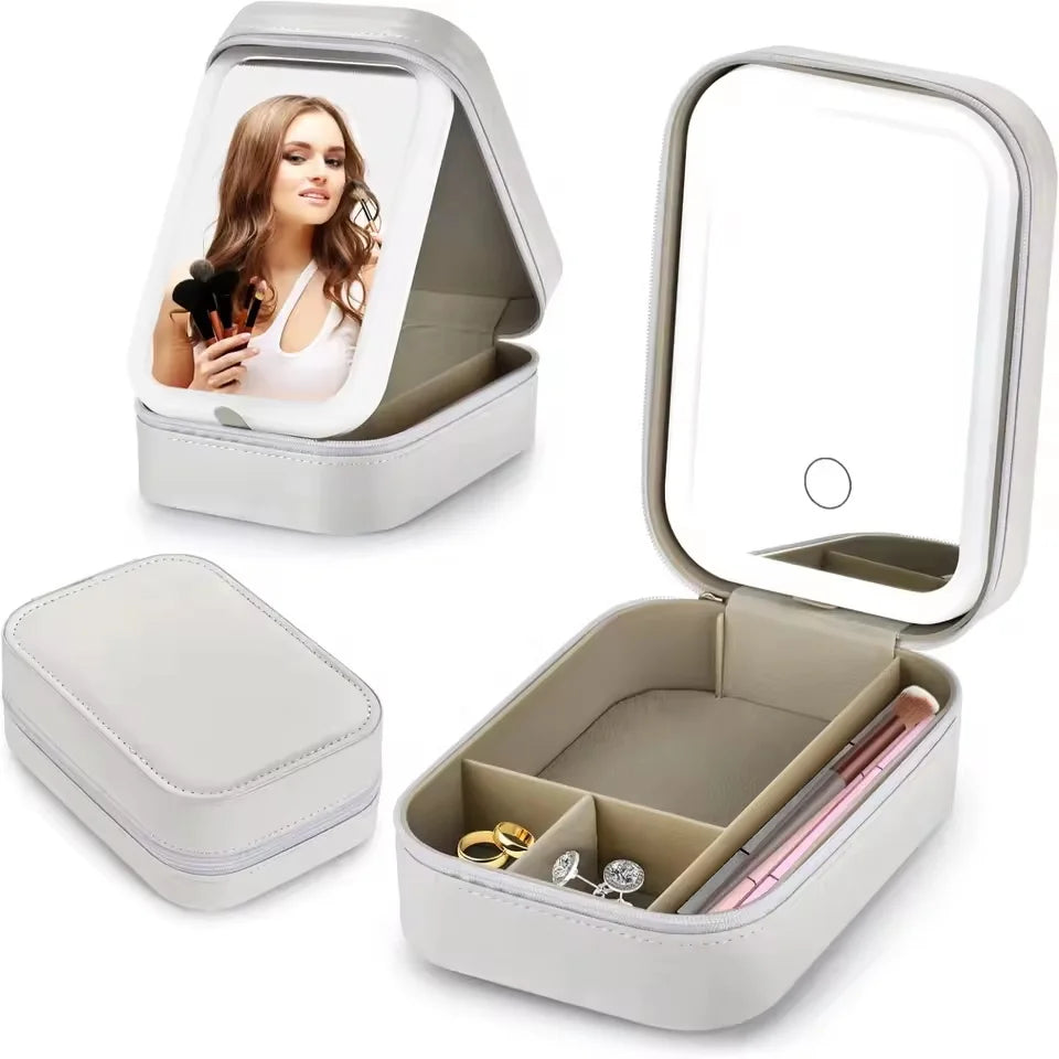 Rechargeable LED Makeup Mirror, Portable Travel Cosmetic Storage Box, Travel Makeup Case with 3-Color Adjustable Light Mirror.-World Bazaar Life