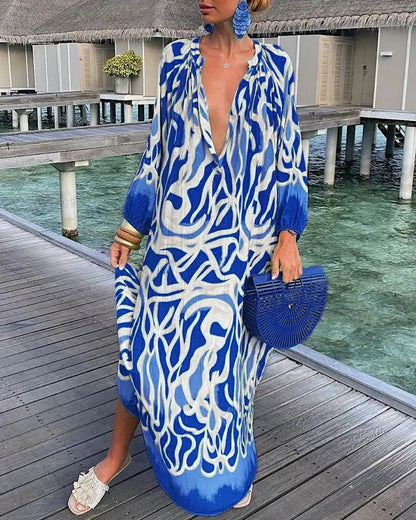 Women Sexy Deep V-Neck Maxi Dresses Autumn Bohemian Lantern Sleeve Printe Long Dress Female Vintage Holiday Beach Cover Up Robe-World Bazaar Life