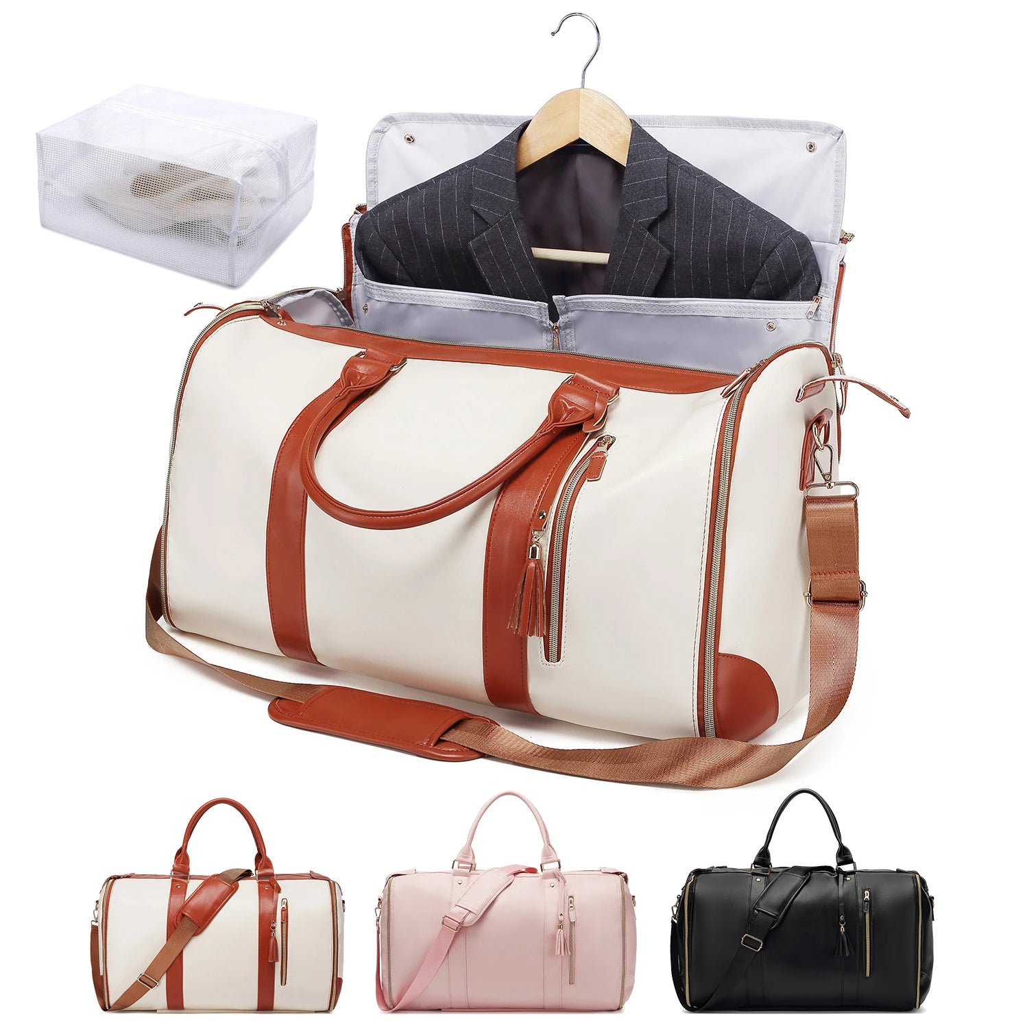 55L Large Capacity Waterproof PU Leather Travel Garment Bag with Shoe Pouch, 2-in-1 Carry-On Suit Duffle Bag - World Bazaar Life