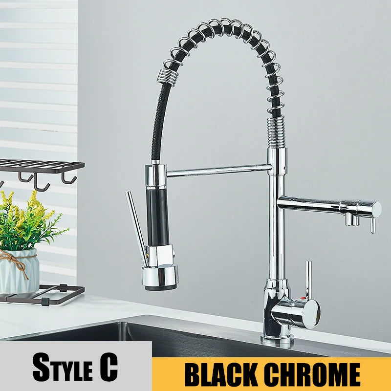 Black Kitchen Sink Faucet Pull Down Hot and Cold Water Mixer2 Mode Tap with Dual Spout 360 Rotation Flexible Deck Mounted - World Bazaar Life
