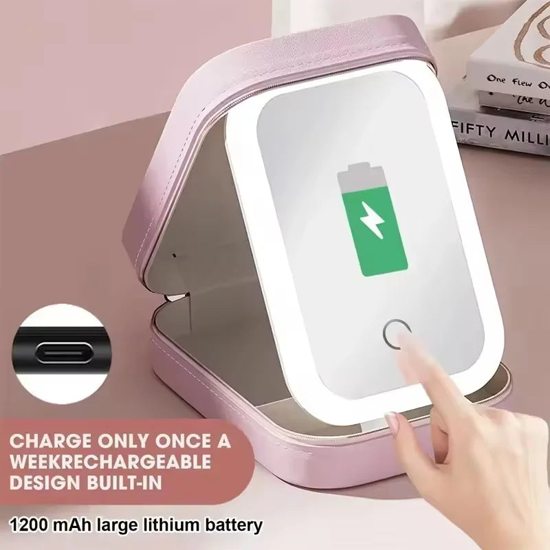 Rechargeable LED Makeup Mirror, Portable Travel Cosmetic Storage Box, Travel Makeup Case with 3-Color Adjustable Light Mirror.-World Bazaar Life