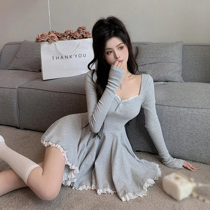Women Sexy Korean Dress French Style Waist Closed Long Sleeve Collarbone Exposed Sweet-World Bazaar Life
