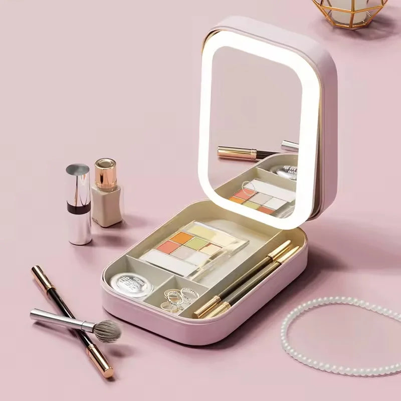 Rechargeable LED Makeup Mirror, Portable Travel Cosmetic Storage Box, Travel Makeup Case with 3-Color Adjustable Light Mirror.-World Bazaar Life