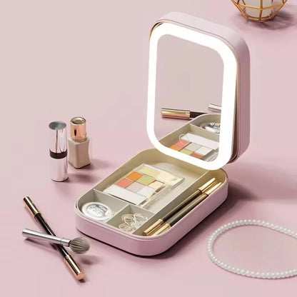 Rechargeable LED Makeup Mirror, Portable Travel Cosmetic Storage Box, Travel Makeup Case with 3-Color Adjustable Light Mirror.-World Bazaar Life