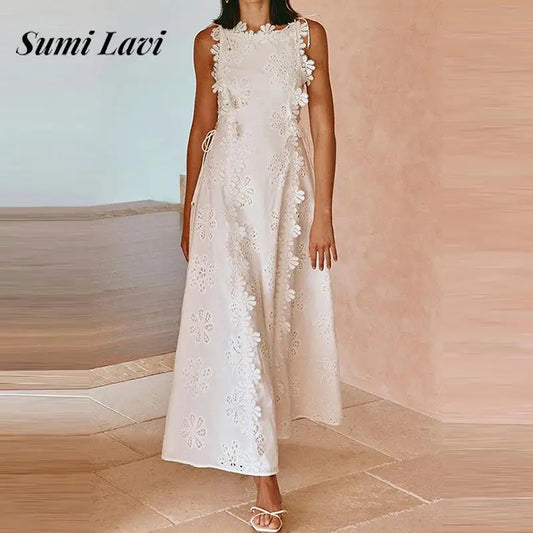 Women Sexy Lace Jacquard Slim Fit Party Dress Fashion Lace Up Solid Long Dresses Elegant O Neck Sleeveless Hollow Banquet Dress
