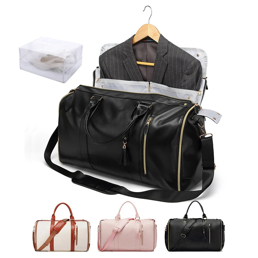 55L Large Capacity Waterproof PU Leather Travel Garment Bag with Shoe Pouch, 2-in-1 Carry-On Suit Duffle Bag - World Bazaar Life