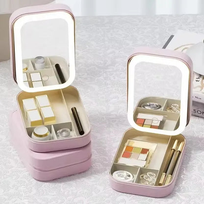 Rechargeable LED Makeup Mirror, Portable Travel Cosmetic Storage Box, Travel Makeup Case with 3-Color Adjustable Light Mirror.-World Bazaar Life