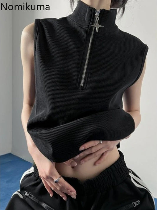 Oversized T Shirts Women Clothing Turtleneck Sleeveless Zipper Y2k Tops 2025 Ropa Mujer Summer Tees Casual Fashion Black T-shirt