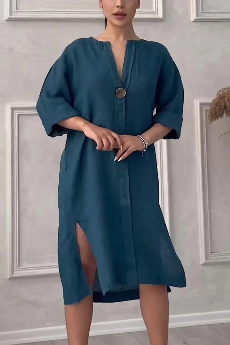 2024 Summer Elegant Cotton Hemp V-Neck Dress – Casual Mid-Length Style