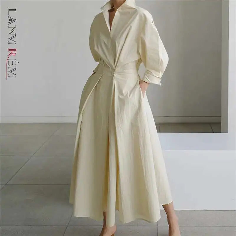 LANMREM Women's Clothing Long Dress Turn Down Collar With Button Pockets Loose Casual Dresses Female Streetwear Fashion 2C2019-World Bazaar Life