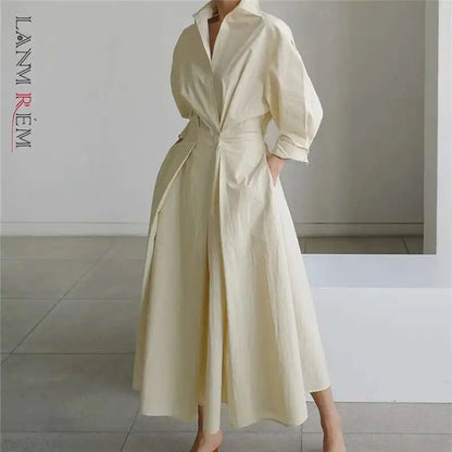 LANMREM Women's Clothing Long Dress Turn Down Collar With Button Pockets Loose Casual Dresses Female Streetwear Fashion 2C2019-World Bazaar Life