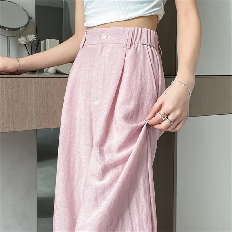 Cotton and Linen Women's Wide Leg Full Pants High Waist Summer Female Elegant Minimalism Straight Loose Trousers 2024 Autumn - World Bazaar Life