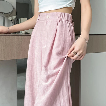 Cotton and Linen Women's Wide Leg Full Pants High Waist Summer Female Elegant Minimalism Straight Loose Trousers 2024 Autumn - World Bazaar Life