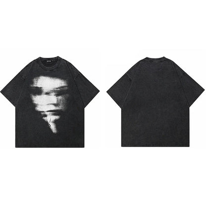 Hip Hop 2024 Summer Washed Black T-Shirt Streetwear Graphic Blurry Face T Shirt Cotton Unisex Men's Tshirt Tops Y2k Tees Hipster