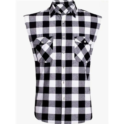 Men's Sleeveless Plaid Front Shirt Beach Cool Tops Baroque Short Sleeve Printed Button Clothing Casual Fashion Blouse - World Bazaar Life