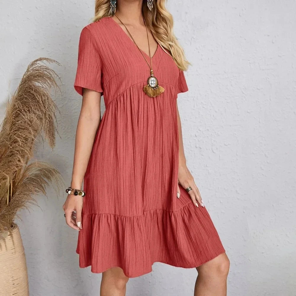 Women Summer Peplum Dresses Spring V-Neck Short Sleeve Loose Waist Ruffle Fit Flare Vocation Dresses-World Bazaar Life