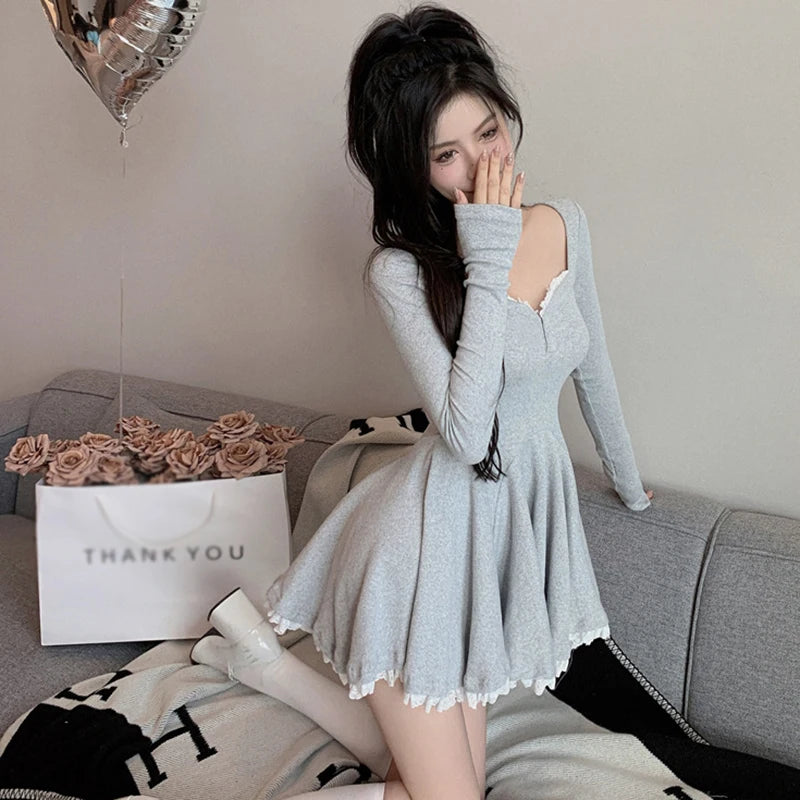 Women Sexy Korean Dress French Style Waist Closed Long Sleeve Collarbone Exposed Sweet-World Bazaar Life
