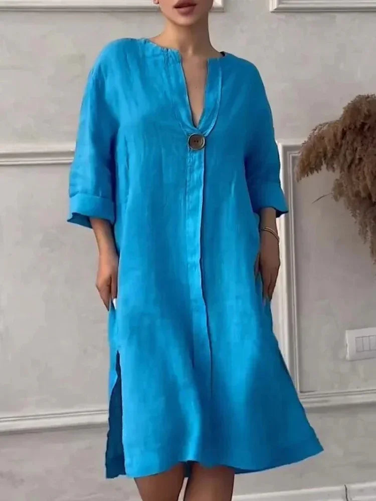 2024 Summer Elegant Cotton Hemp V-Neck Dress – Casual Mid-Length Style