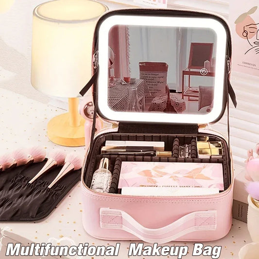 Tragbarer LED-Make-up-Koffer mit Spiegel – Wasserdichte PU-Ledertasche 