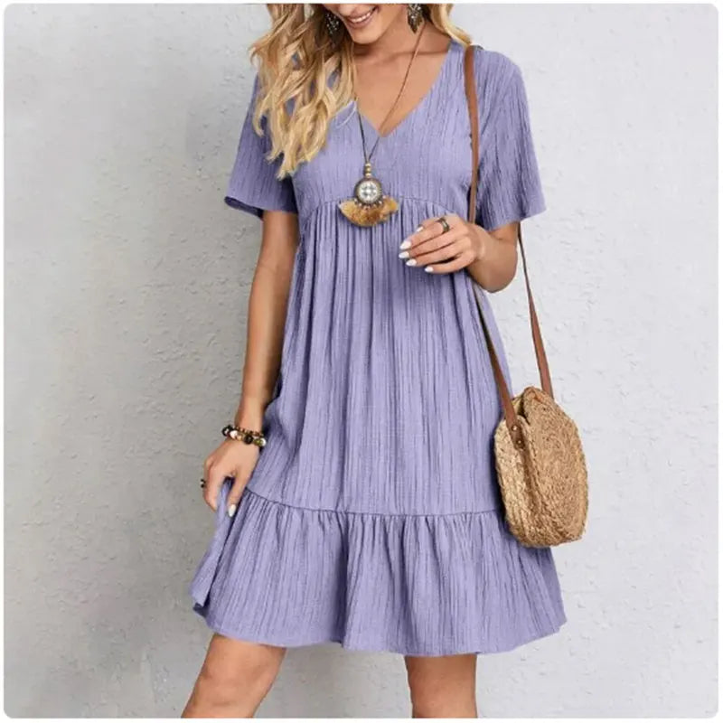 Women Summer Peplum Dresses Spring V-Neck Short Sleeve Loose Waist Ruffle Fit Flare Vocation Dresses-World Bazaar Life