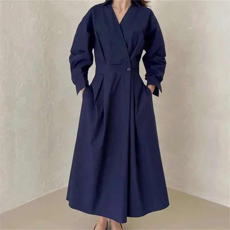 LANMREM Women's Clothing Long Dress Turn Down Collar With Button Pockets Loose Casual Dresses Female Streetwear Fashion 2C2019-World Bazaar Life