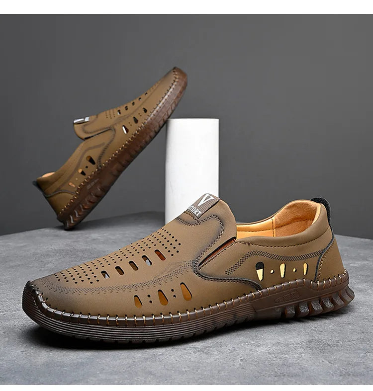 Leather Men's Shoes Thick Soles Breathable Hollow Out Casual Shoes Outdoor Men's Sports Shoes Loafers Shoes Slip On - World Bazaar Life