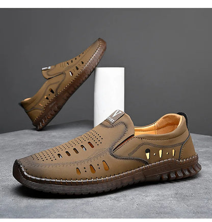 Leather Men's Shoes Thick Soles Breathable Hollow Out Casual Shoes Outdoor Men's Sports Shoes Loafers Shoes Slip On - World Bazaar Life