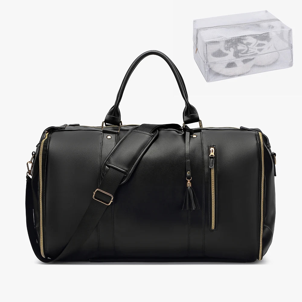 55L Large Capacity Waterproof PU Leather Travel Garment Bag with Shoe Pouch, 2-in-1 Carry-On Suit Duffle Bag - World Bazaar Life